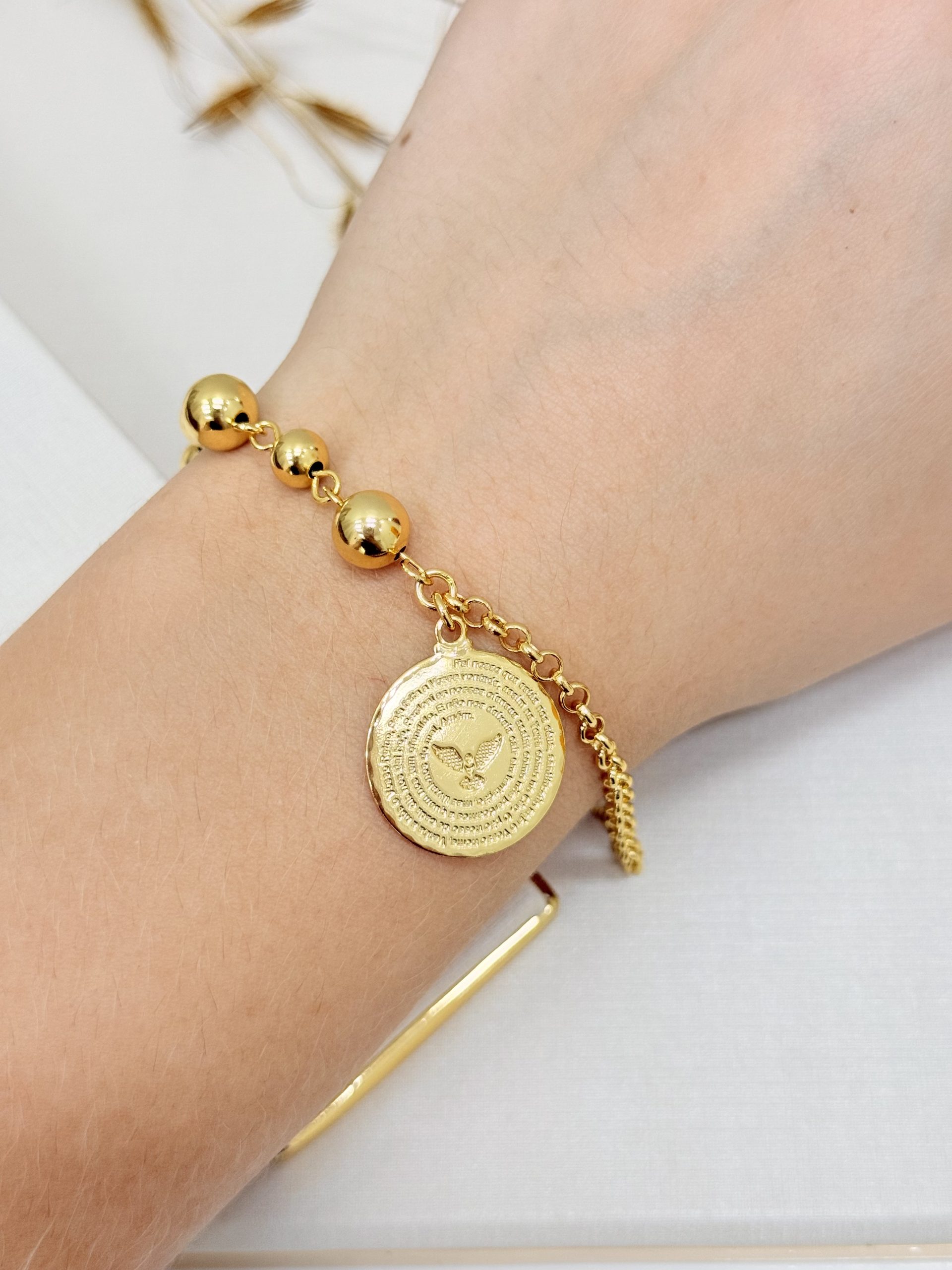 Pulseira de Bolas com Medalha Pai Nosso e Espirito Santo