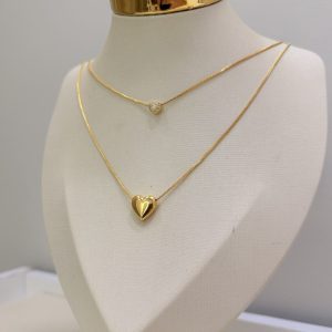 Colar Duplo Coração mini Cravejado e Liso